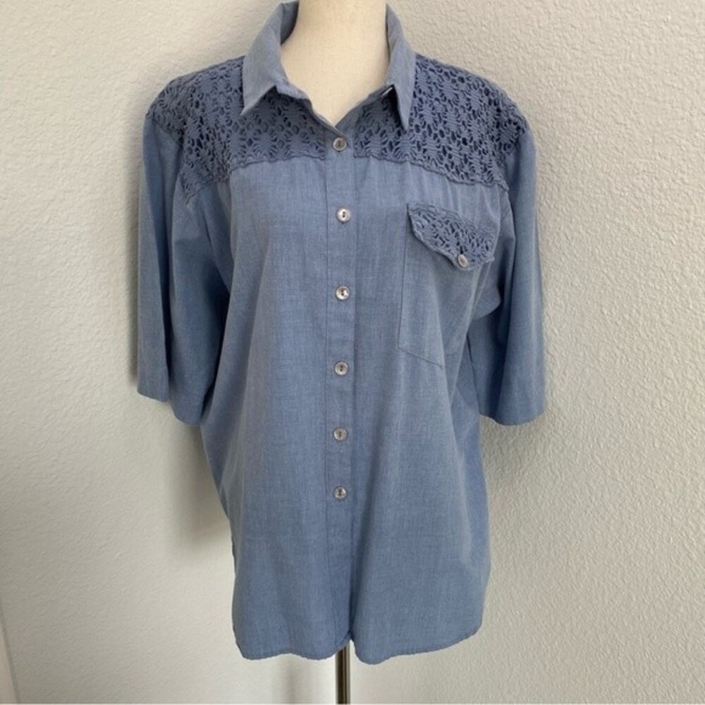 Vintage Tapestry Blue Lace Crochet Detail Button Front Short Sleeve Top Size 18